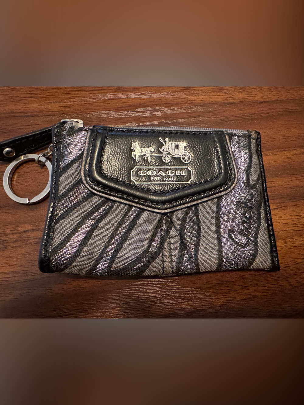 Coach Metallic Silver and Black Zebra Card Case with Keyring